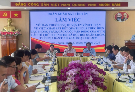 Đoàn khảo sát Tỉnh uỷ Kiên Giang làm việc với Ban Thường vụ huyện uỷ Vĩnh Thuận về thực hiện các phong trào, các cuộc vận động của Mặt trận Tổ quốc, các tổ chức chính trị - xã hội, hội quần chúng giai đoạn 2021-2025.